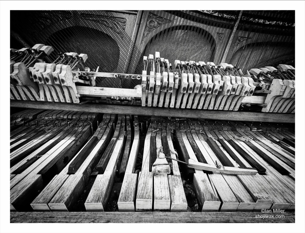 Close up Black and white photo of an old piano. With broken keys and a ruined soundboard.