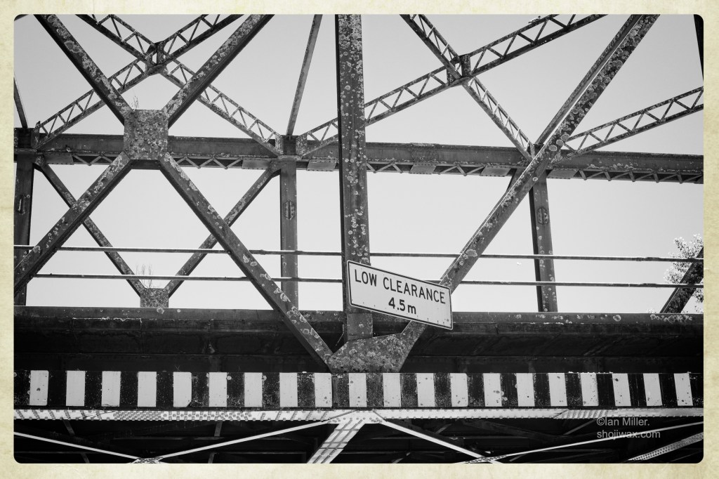Black and white photo of part of a steel railway bridge. Small clumps of lichens can be seen on the cross-spars.