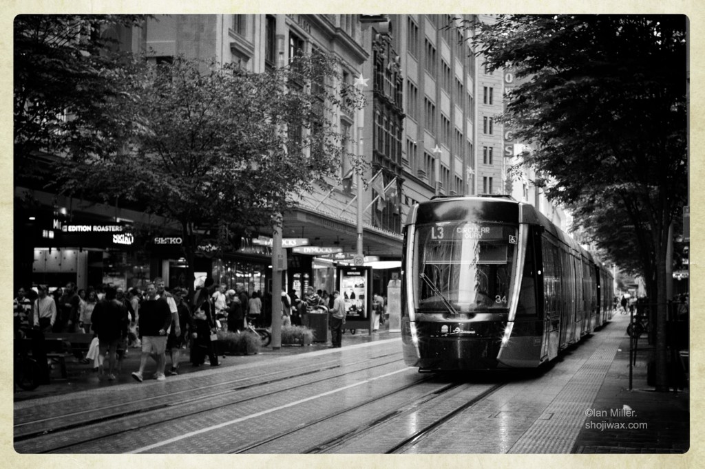 Black and white photo of sydney tram.