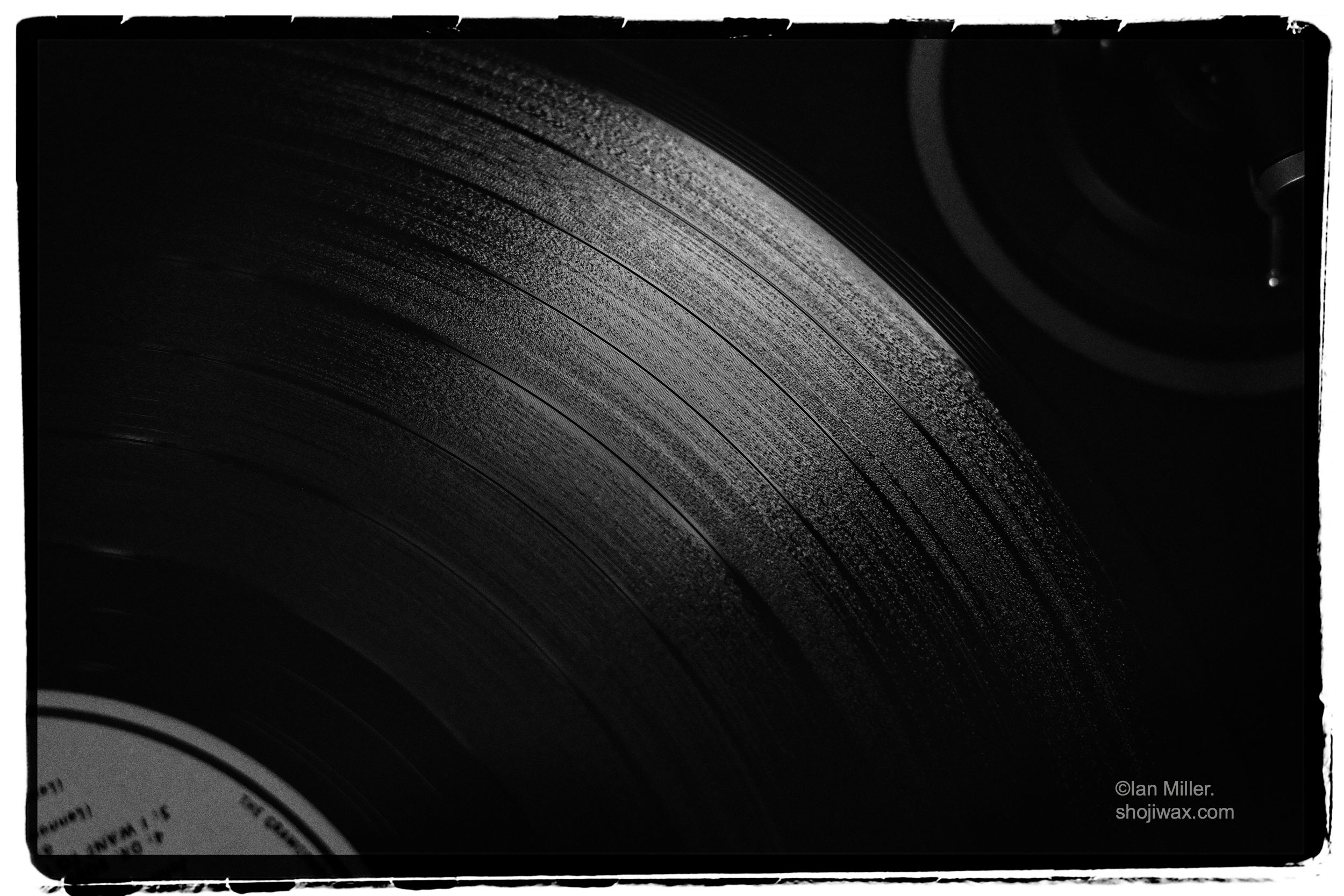 Monochrome photo close-up of edge of vinyl record. Light across the record emphasises the grooves.