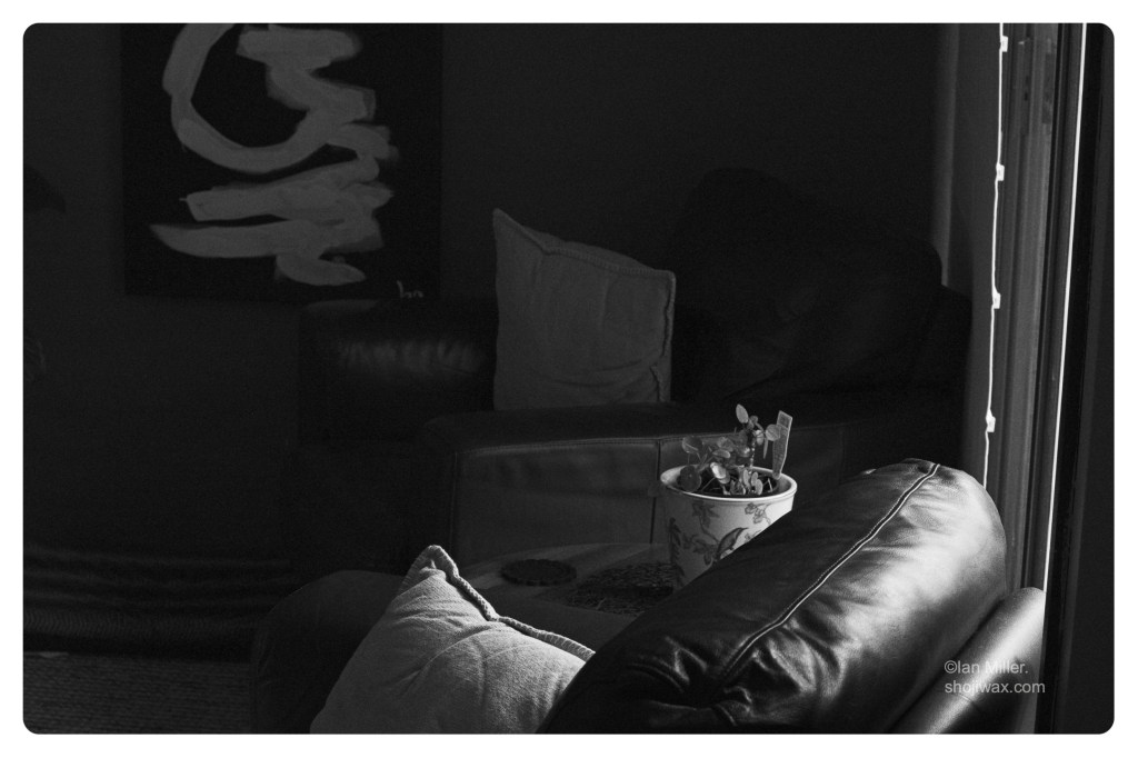 Monochrome photo of two large leather chairs in shadow, illuminated by the light of a window.
