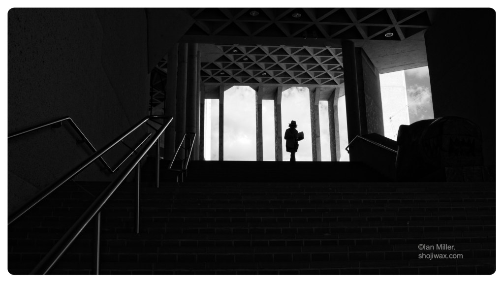 Monochrome high contrast photo of woman wearing a hat at the top of a staircase. She is backlit by the outside sky.