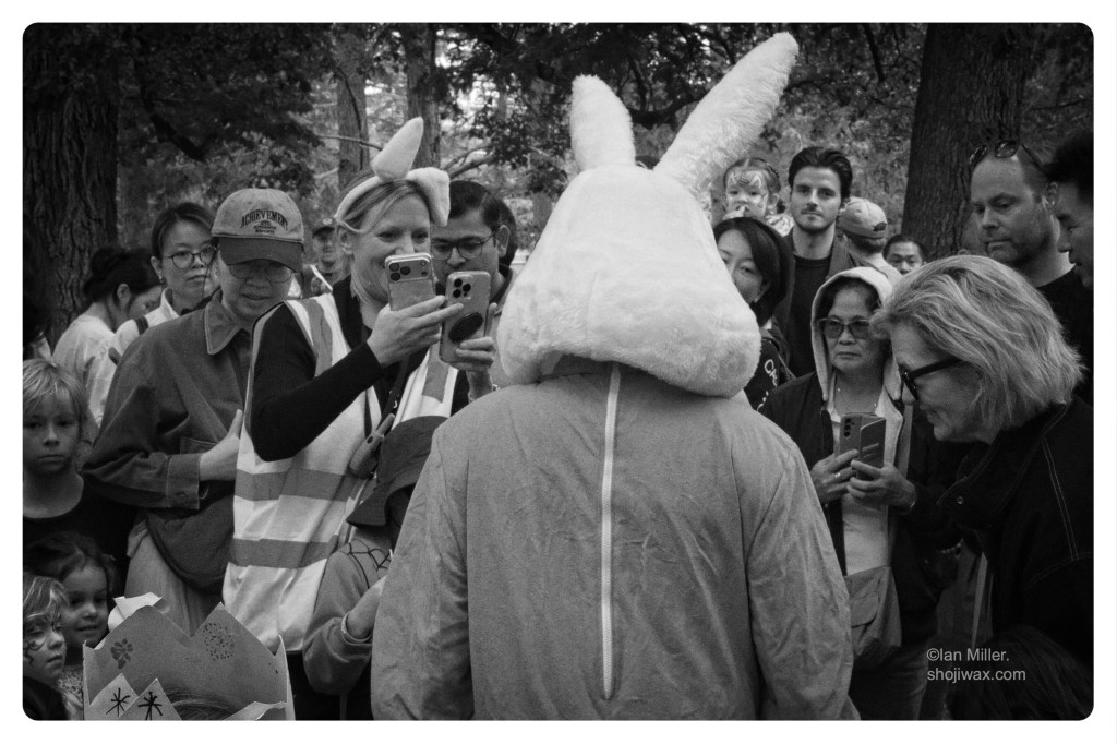Monochrome photo of person dressed as easter bunny. View is of the back of the person and there is a large crowd of people in front of him