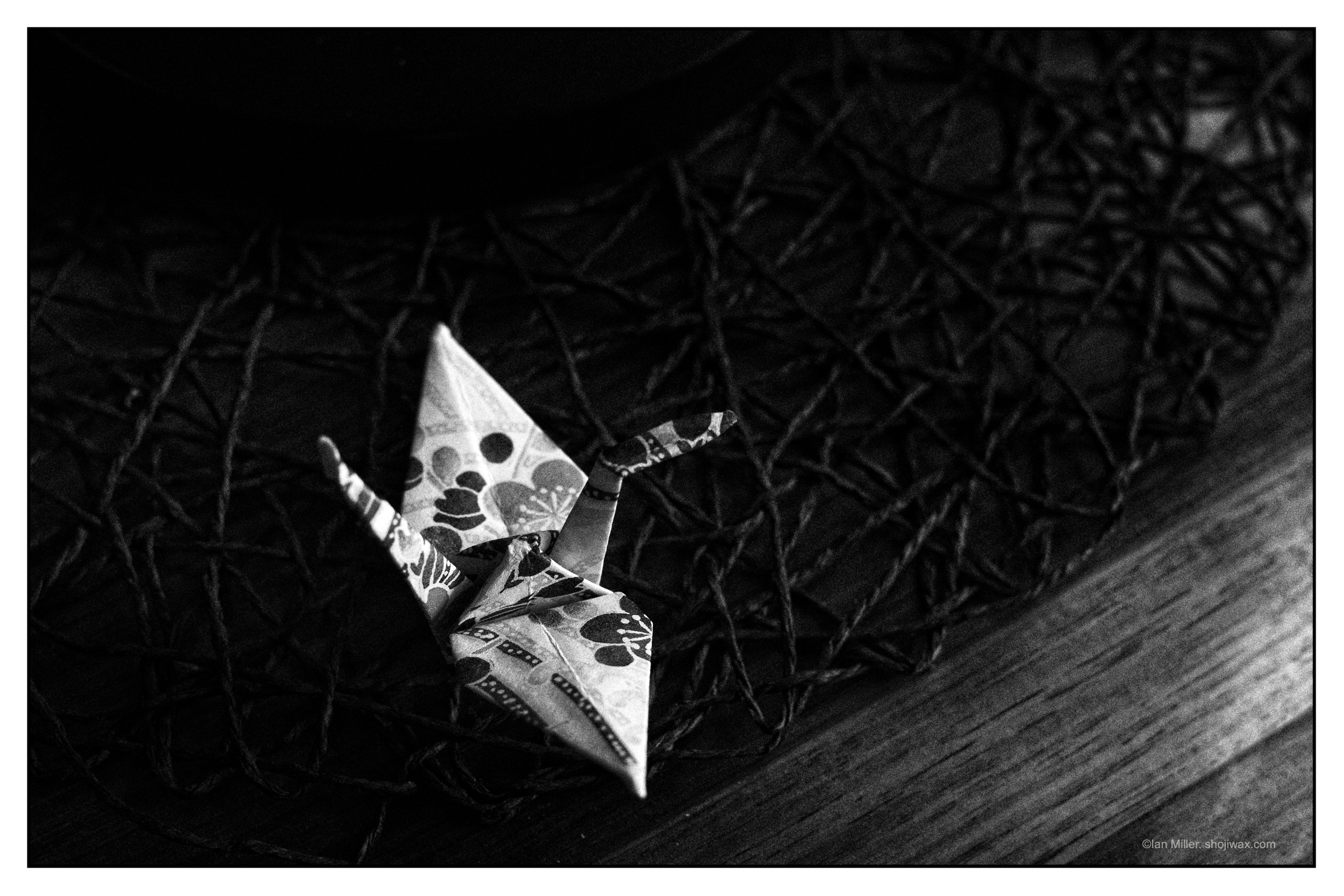 Monochrome photo of a small folded paper crane.