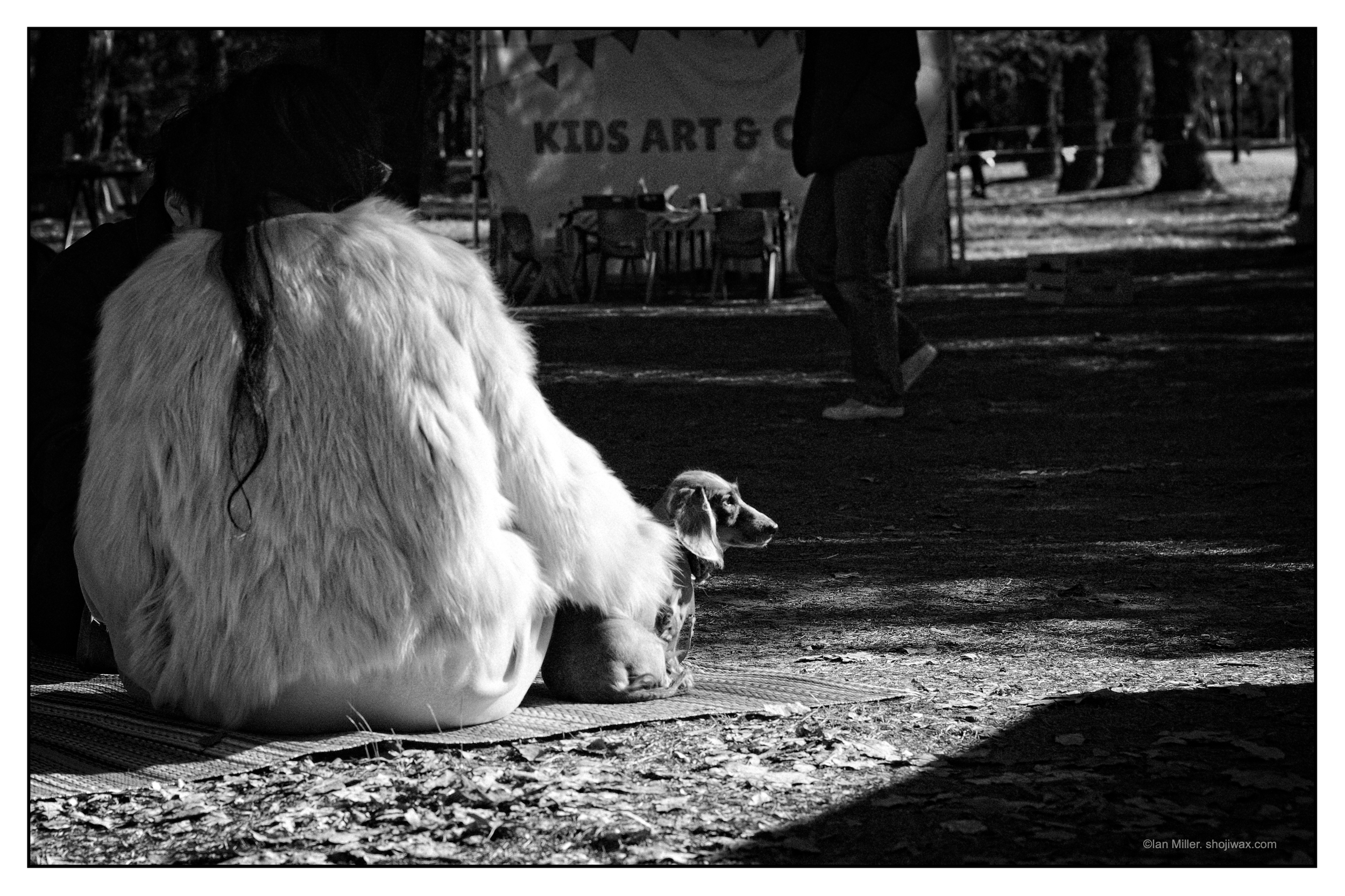 Monochrome photo of a woman sitting on the ground facing away from the camera. She is wearing a white fur jacket and besides her is siting a small sausage dog.