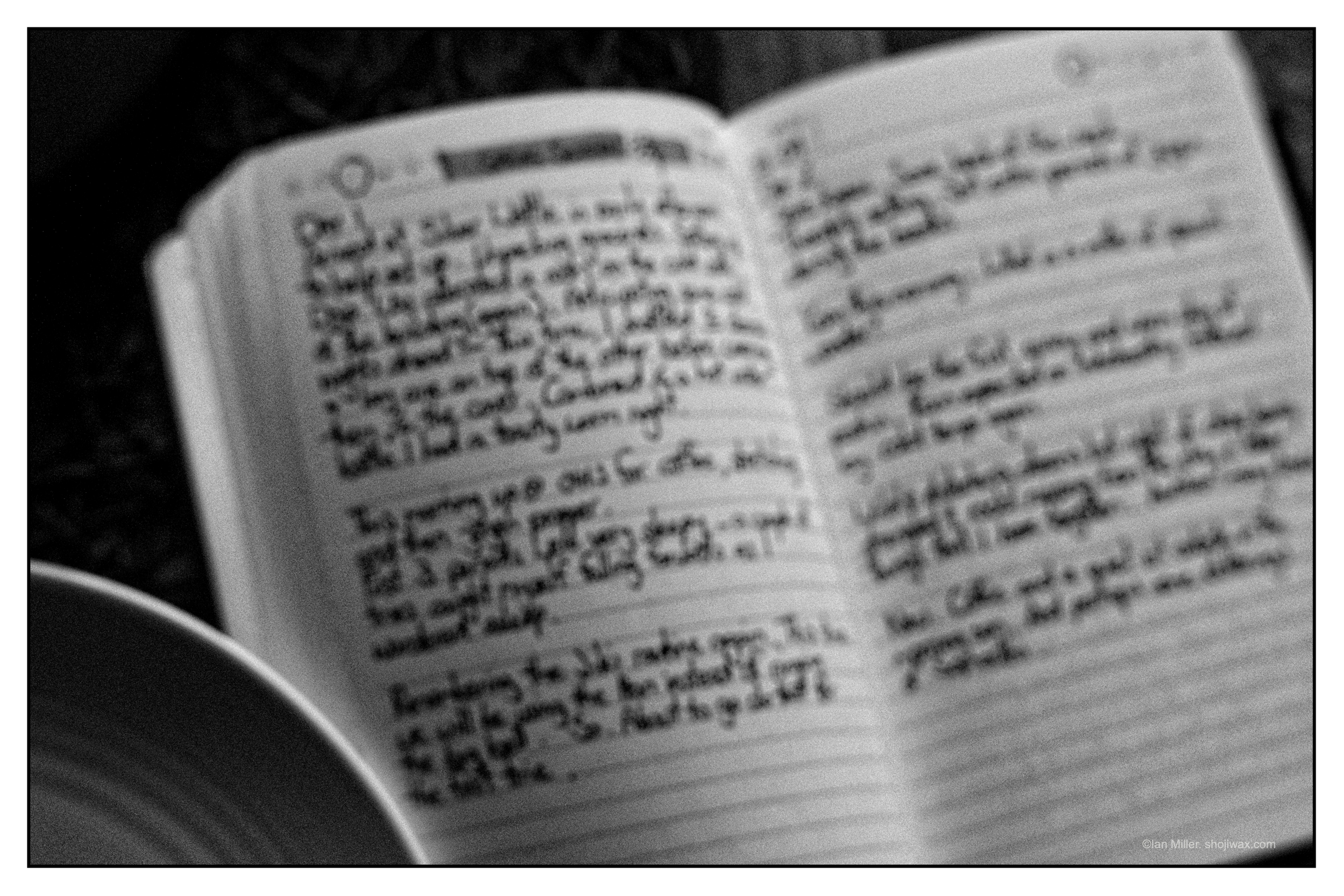 Monochrome blurred photo of the pages of a personal journal.