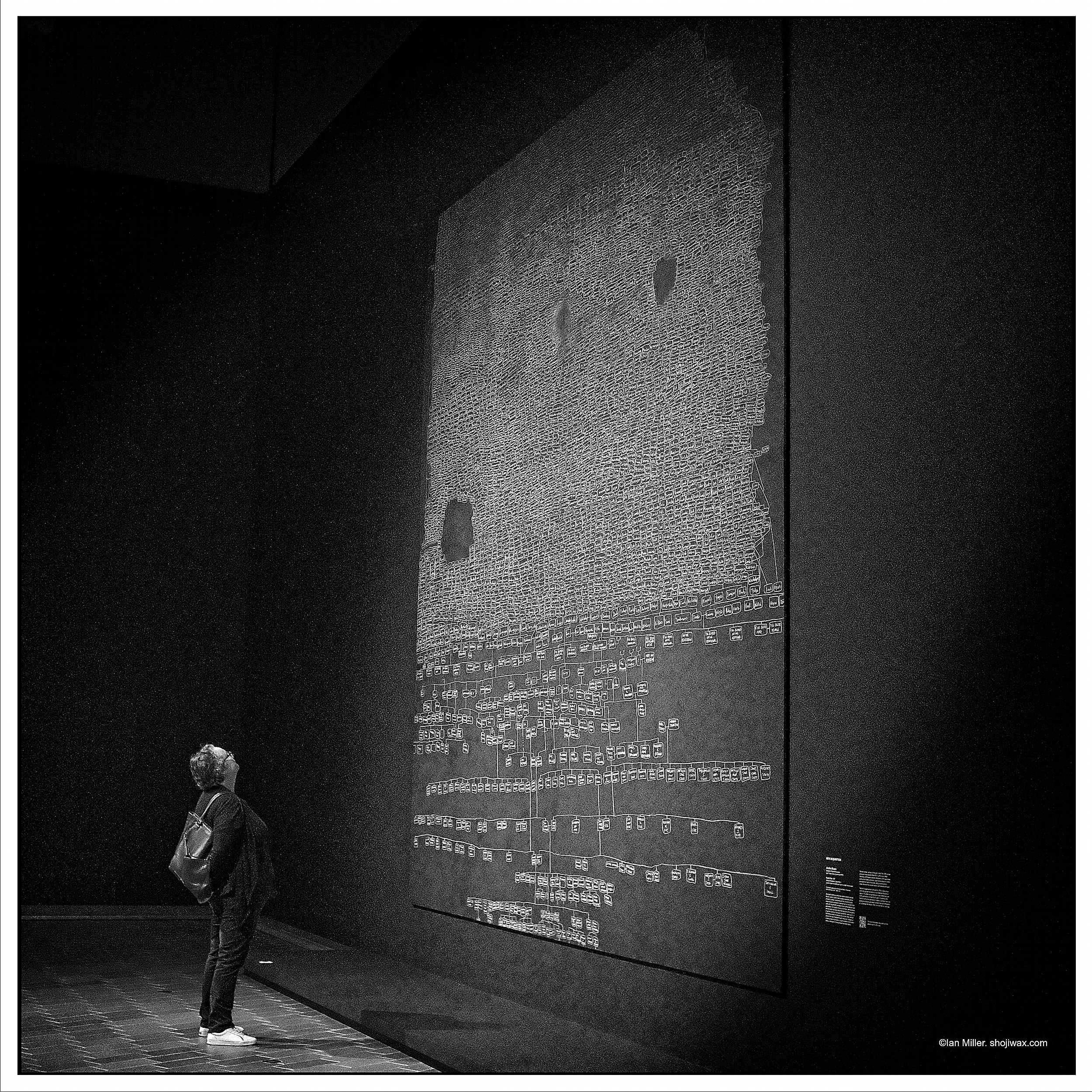 Monochrome photo of a woman standing in a gallery looking up at a large painting.